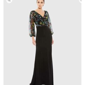 Mac Duggal Black Embroidered Illusion Puff Sleeve Gown